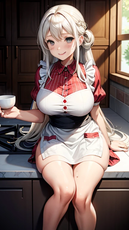 Browsing Caution，Beautiful woman，Long white hair，kitchen，Busty Wife， apron，Charm，Smooth skin，Sweat Legs，Red face，smile，Best image quality，masterpiece