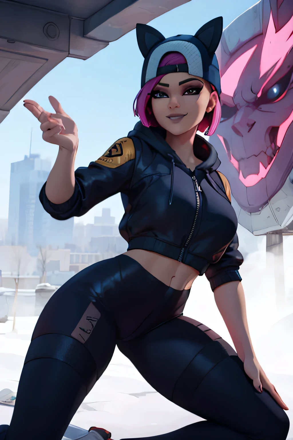 1 chica , de pie, mirando al espectador, alto detallado,Extremadamente detallado, Ojos finos, sonrisa,dynamic pose, pelo corto rosa,gorra,chaqueta negra, guante sin dedos,con curvas,anteojos, leggins azul y ????? 