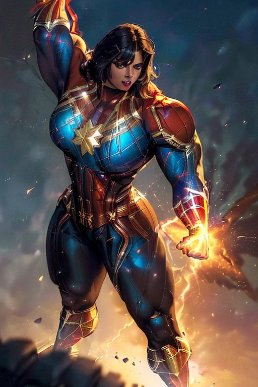 ((((Massive, beautiful, buff, light brown skinned muscular woman with black hair, black lipstick, ginormous bulky muscles, flying and wearing a black captain marvel costume with pants)))), close view, (massive muscle), (massive biceps), (straight long hair), orange eyes, hero gloves, spiked gauntlets, hero boots, in the void of space, determined,