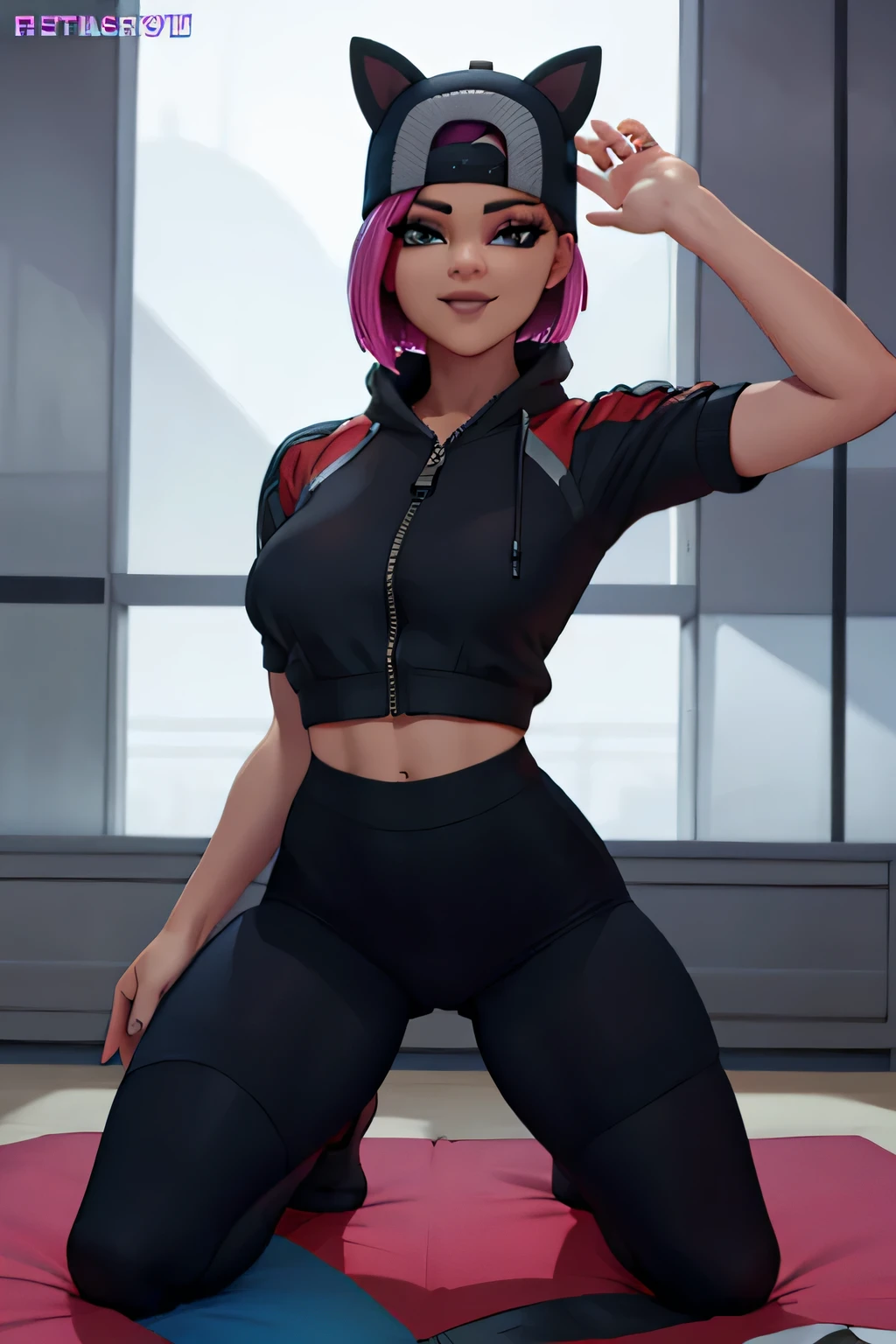 1 chica , de pie, mirando al espectador, alto detallado,Extremadamente detallado, Ojos finos, sonrisa,dynamic pose, pelo corto rosa,gorra,chaqueta negra, guante sin dedos,con curvas,anteojos, leggins azul y negro