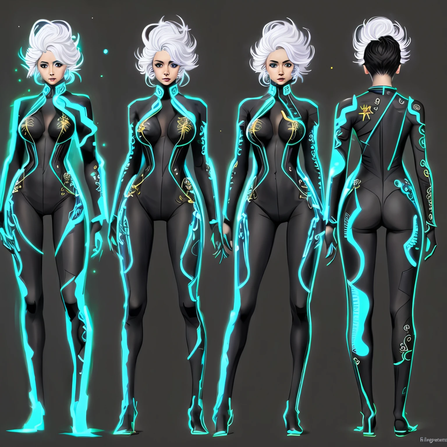 Orion and Lyra, clad in futuristic attire, embody the balance of light and darkness. Orion, with jet-black hair streaked with electric blue, exudes confidence in his neon-lined ????????. Beside him stands Lyra, her silver hair shimmering like liquid starlight, adorned in a jumpsuit adorned with twinkling constellations. White background, game character design. Sketch. No background 