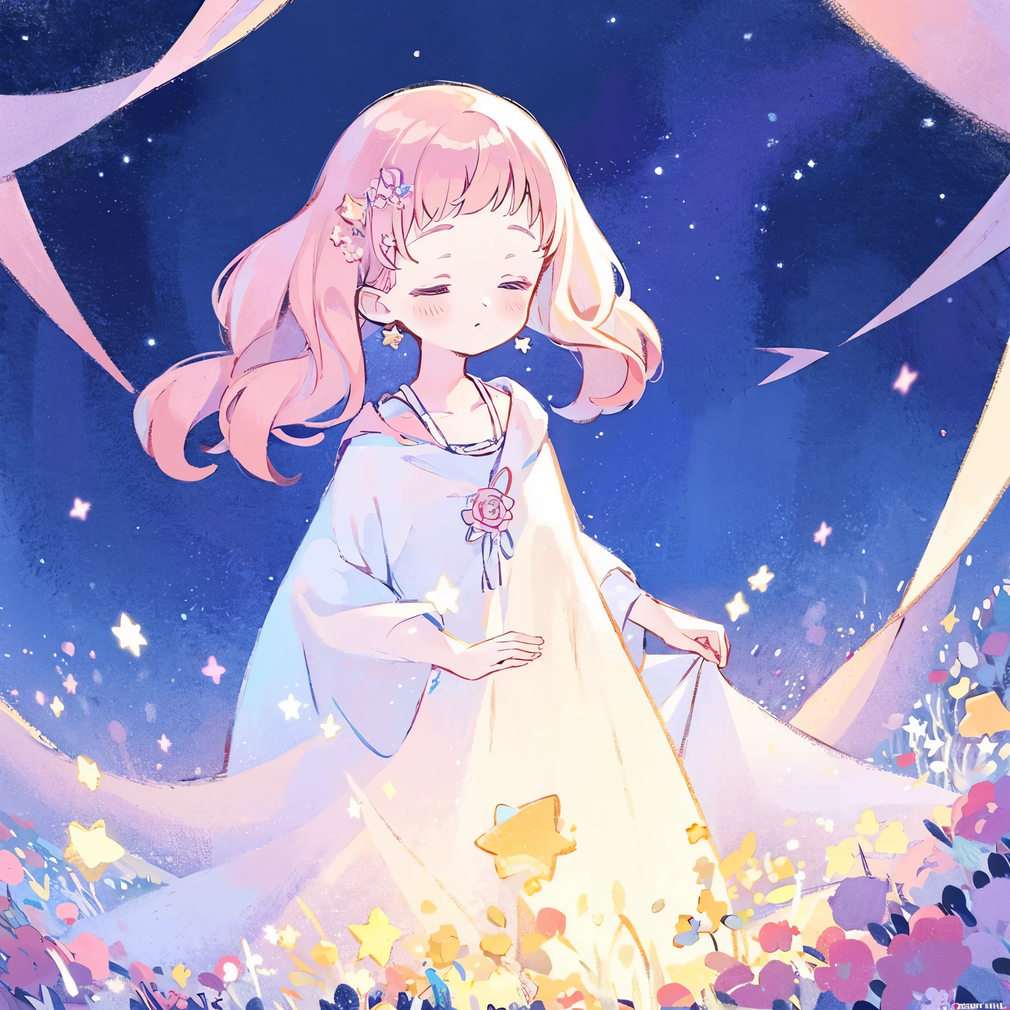 complex background, wishing star background, a woman wearing an ethereal mystical pink translucent dress that reflects the stars, perfume promo art, mystic, complex drawing, highly detailed, Covergirl brand, promo art, artistic rendition, ethereal, starry night, midjourney style
