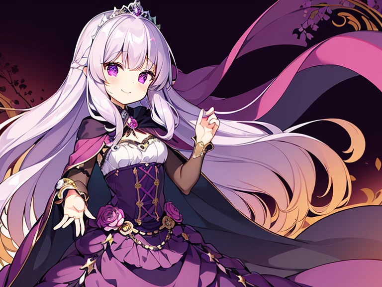 (kawaii),(best quality),(ultra detailed), upper body,(rococo style),(long train dark violet cape:1.15), very long cape,(long train dark violet ball gown with flower decorations), a girl is wearing a cape over her gown, 1 little princess, tiara, smile, small breasts, very long hair