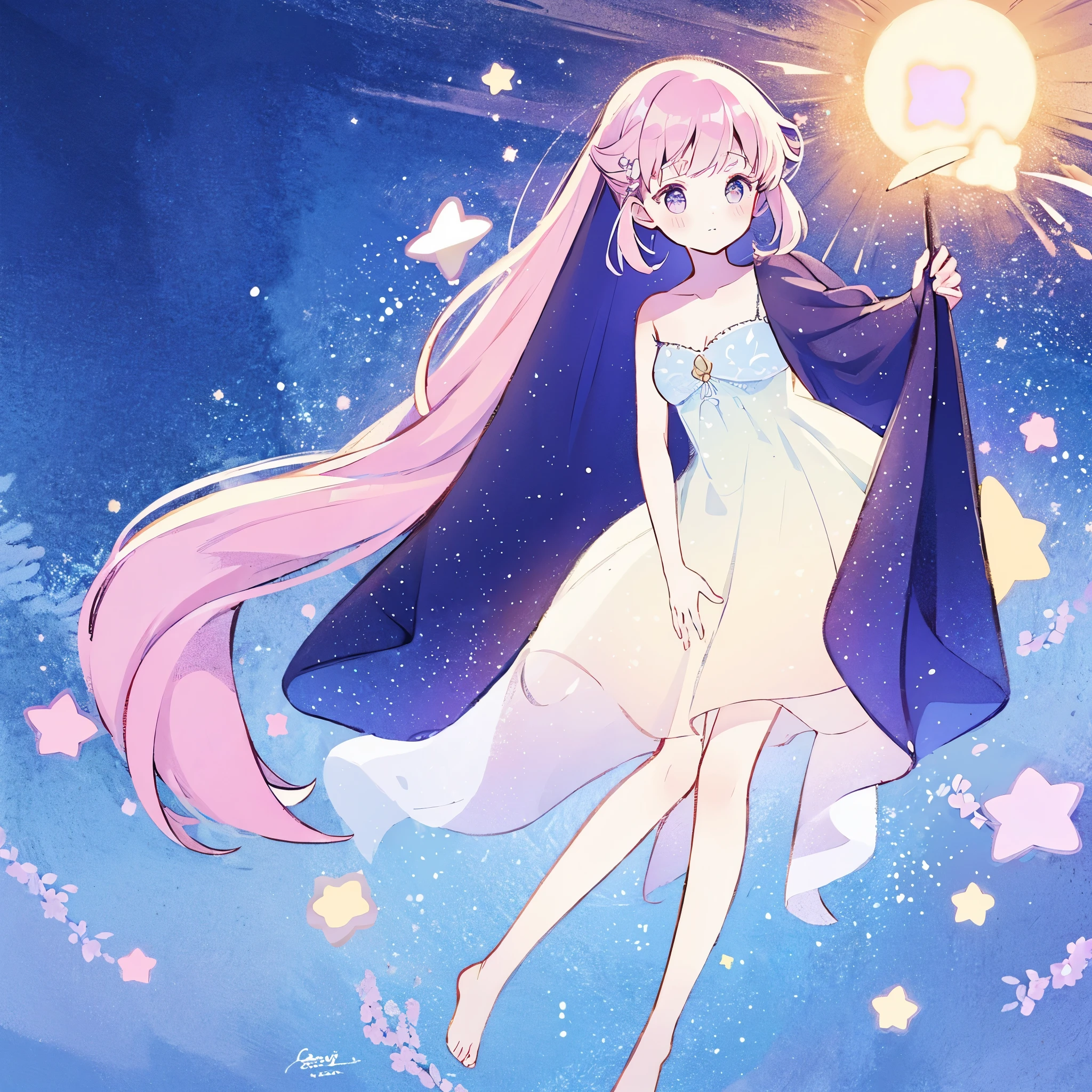 complex background, wishing star background, a woman wearing an ethereal mystical pink translucent dress that reflects the stars, perfume promo art, mystic, complex drawing, highly detailed, Covergirl brand, promo art, artistic rendition, ethereal, starry night, midjourney style