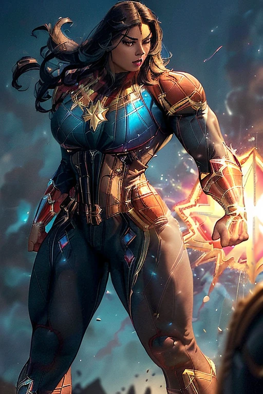((((Massive, beautiful, buff, light brown skinned muscular woman with black hair, black lipstick, ginormous bulky muscles, flying and wearing a black captain marvel suit with pants)))), close view, (massive muscle), (massive biceps), (straight long hair), orange eyes, hero gloves, spiked gauntlets, hero boots, in the void of space, determined,