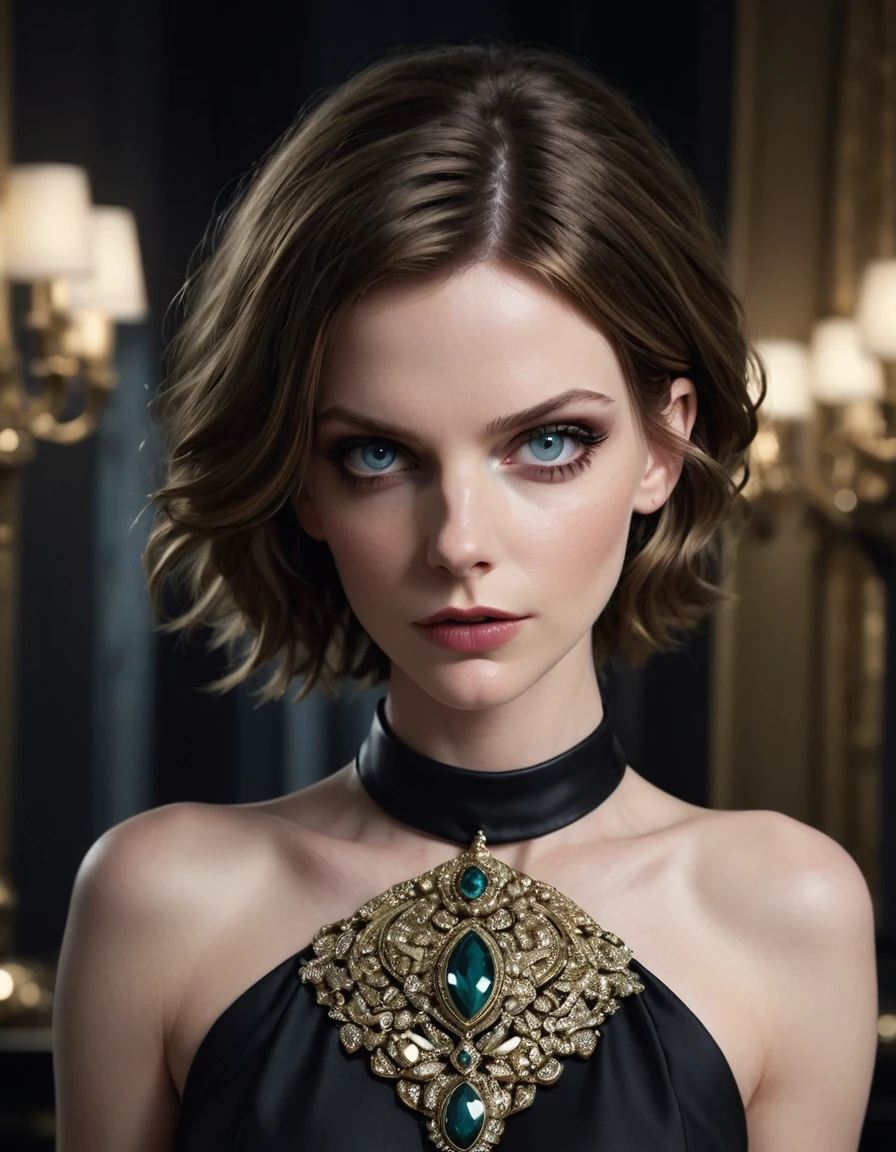24 yo 1woman, [Anne Hathaway:Michelle Pfeiffer:0.4] as Selina Kyle, exudes beauty with her radiant, smooth skin. Her strong, serious demeanor and confident stance convey an air of convincing allure. Insanely detailed and intricate lavish elegant and luxurious jewelry store background.This captivating portrait is rendered in 4k high-resolution, ensuring every detail is displayed in the best quality. The illustration showcases Selina's determined expression, captivating the viewer's attention with its intricately detailed features.