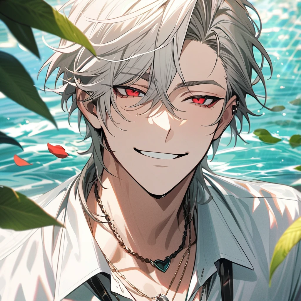 Ultra detailed, Highres, absurdres, Aohitsugi Samatoki, white hair, red eyes, white dress shirt, Hypnosis Mic, necklace, green leaves, summer, petals, water, very handsome, 1 man, very detailed face and eyes, smirking,