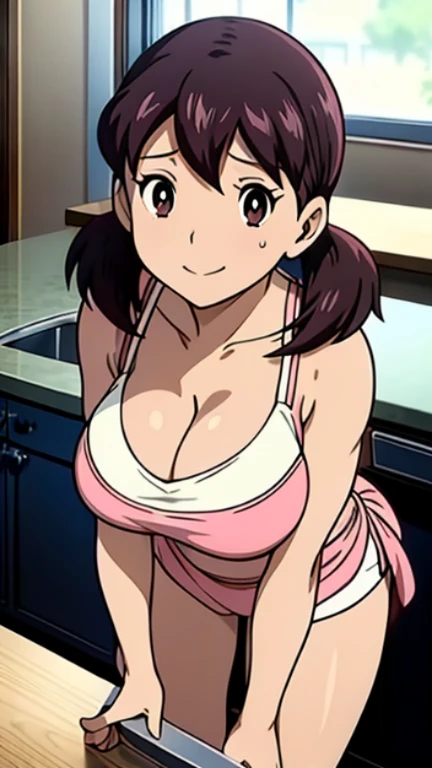 anime、woman、40歳woman、mother、((Big Breasts))、((Cleavage))、Red cheeks、Uplifting、Adult、sexy、Light pink long doll camisole、See-through panties、No bra、Sweating profusely、Staring at the audience、Engage your audience、Embarrassing、smile、kitchen、kitchen