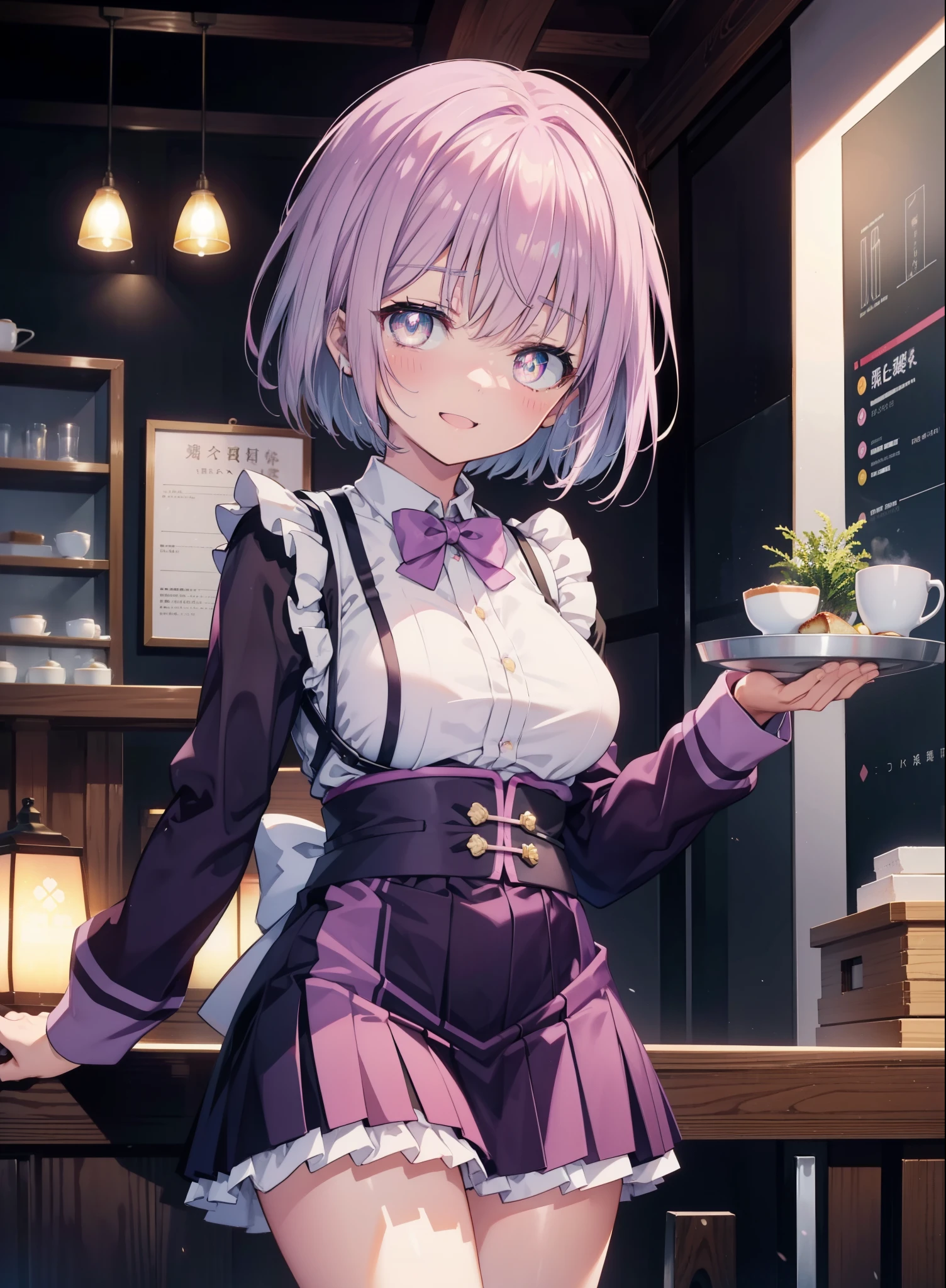 akaneshinjou, shinjou akane, Light purple hair, (Pink Eyes:1.2), short hair,Akabu Glasses,happy smile, smile, Open your mouth,blush,Idol-style white kimono,long furisode,White mini cucumber,White tights,Sandals,tray, tray in one hand,A beautiful waitress with 長い髪 comes to the table to take our order,It's as if your whole body is in the illustration.,Maid Headless, break looking at viewer, (Cowboy Shot:1. 5) break indoors, coffee shop, break (masterpiece:1.2), highest quality, High resolution, unity 8k wallpaper, (shape:0.8), (Beautiful and beautiful eyes:1.6), Highly detailed face, Perfect lighting, Extremely detailed CG, (Perfect hands, Perfect Anatomy),