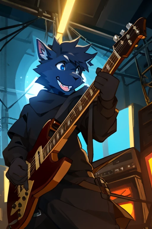 A furry goat, black skin, male furry, play in one studio a eletronic Metal Guitar, emotion dynamic poses, chill ambient, lighting