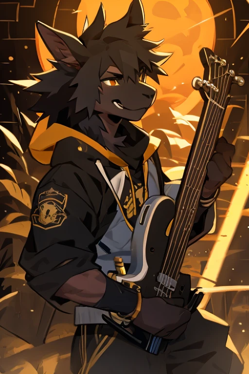 A furry goat, black skin, male furry, play in one studio a eletronic Metal Guitar, emotion dynamic poses, chill ambient, lighting