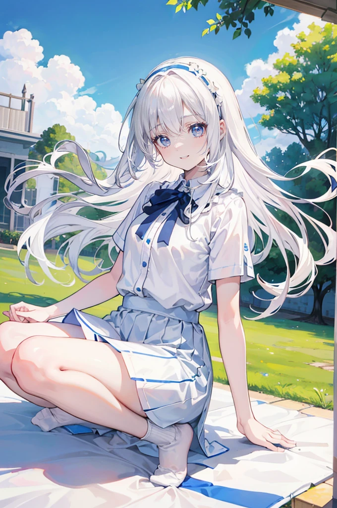 White hair,Long hair,Bangs,Bangs整齐,Hairband,Gray eyes,girl,cute,laughing expression,Happy and happy expression,White shirt,skirt,White socks on feet,Sit on the ground and have a picnic,whole body,Don't show your arms,The background is a lawn,Blue sky and white clouds