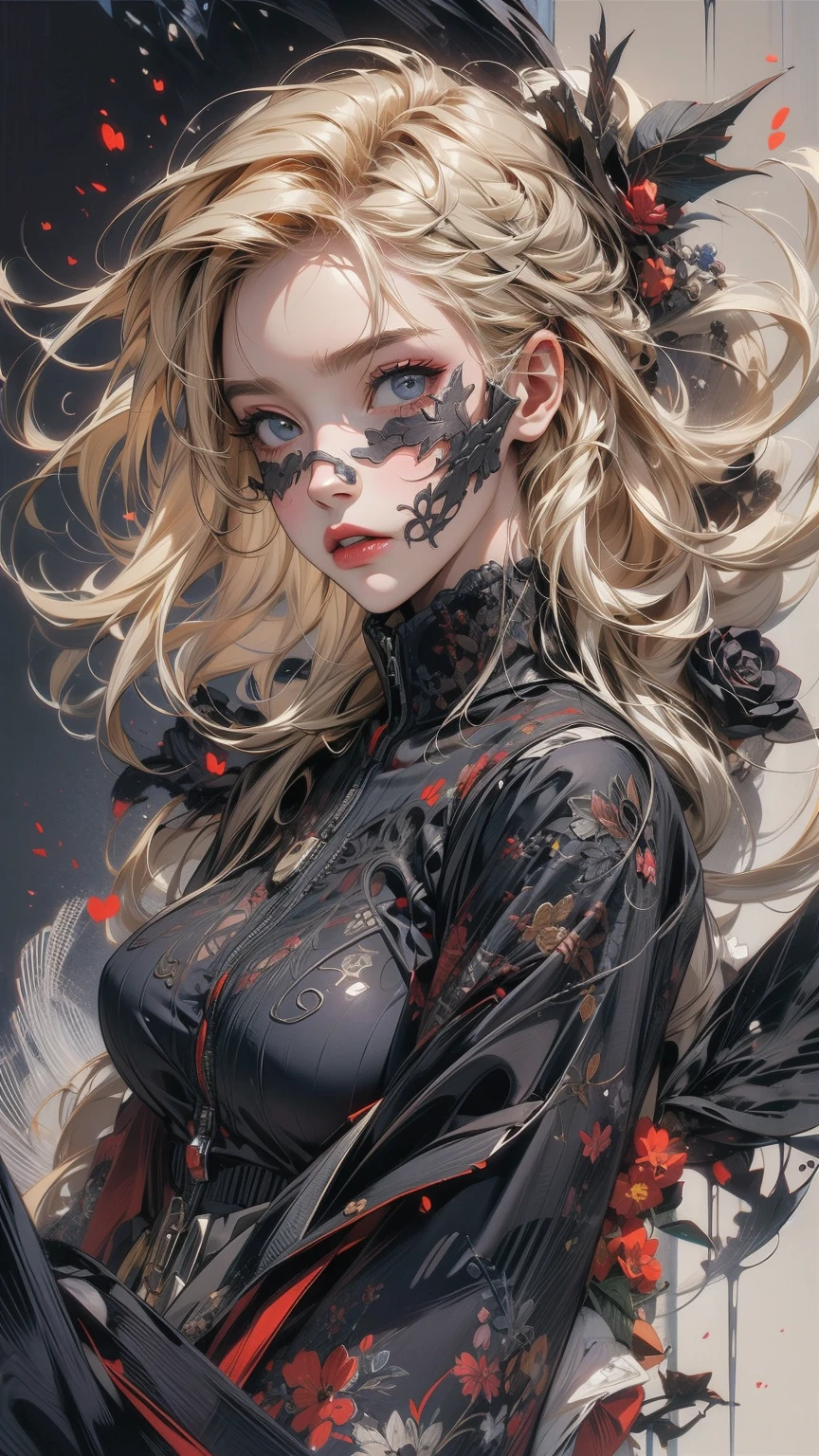 (masterpiece, High resolution, highest quality), Composition from head to thighs:1.3, Upper body focus, A 20-year-old woman wearing a large black cloth over her naked body., Skull Face Mask, Blonde Hair, Disorganized, Black Rose Collage, abstract design, artistic juxtapositions, Black Background, mixed-media approach, Anime Style, simple lines, Digital Painting,