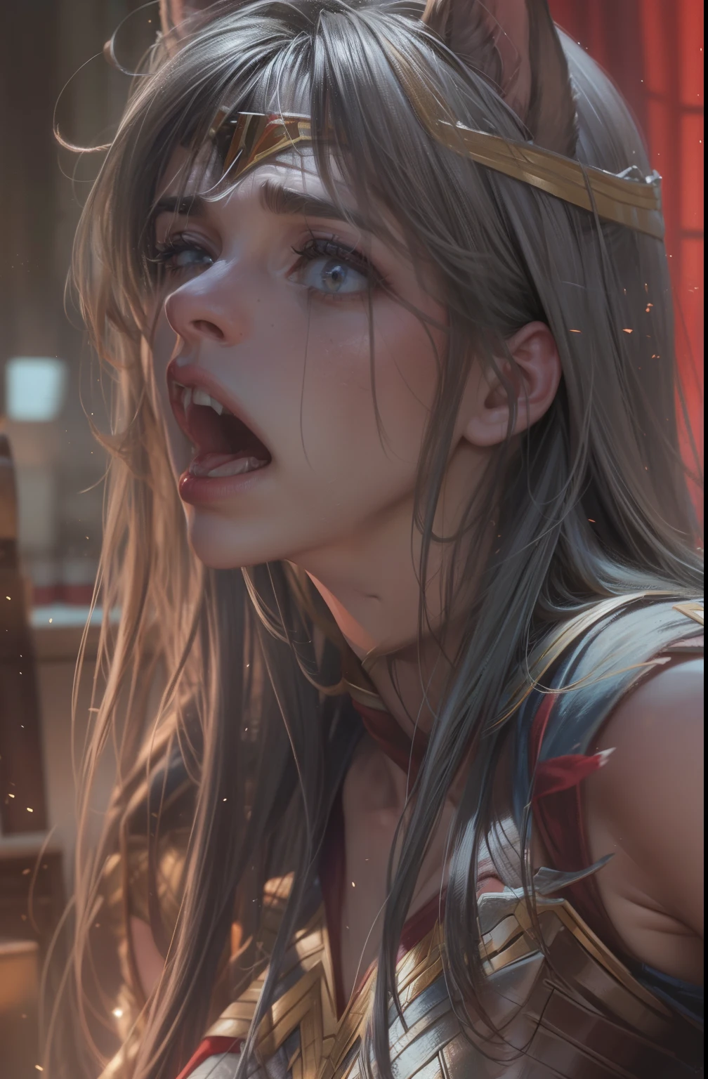 Wonderwoman turning into a werewolf in horrifying scene.