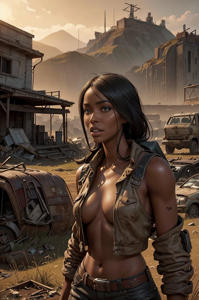 Foto hiperrealista en primer plano de Naomi Campbell, masterpiece, best quality, (photorealistic:1.4), Create dystopian masterpieces. Depict a rural landscape in the rugged style of the game's concept art. This work should evoke a sense of abandonment and despair in a futuristic, post-apocalyptic world. Notice the intricacies of detail, the sharp focus.
