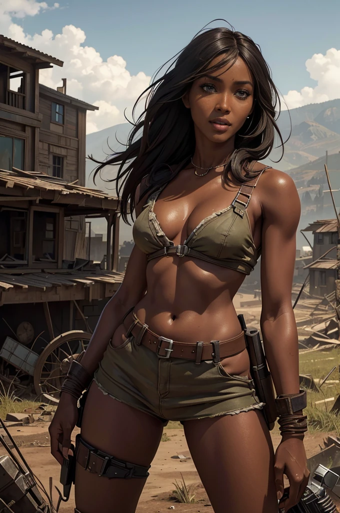 Foto hiperrealista en primer plano de Naomi Campbell, masterpiece, best quality, (photorealistic:1.4), Create dystopian masterpieces. Depict a rural landscape in the rugged style of the game's concept art. This work should evoke a sense of abandonment and despair in a futuristic, post-apocalyptic world. Notice the intricacies of detail, the sharp focus.