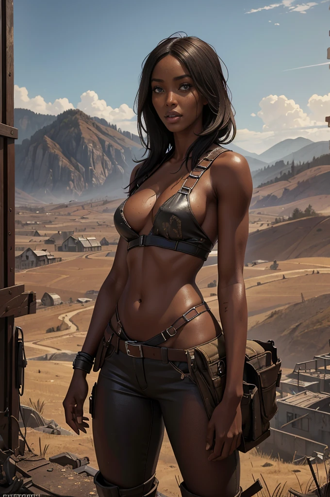 Foto hiperrealista en primer plano de Naomi Campbell, masterpiece, best quality, (photorealistic:1.4), Create dystopian masterpieces. Depict a rural landscape in the rugged style of the game's concept art. This work should evoke a sense of abandonment and despair in a futuristic, post-apocalyptic world. Notice the intricacies of detail, the sharp focus.