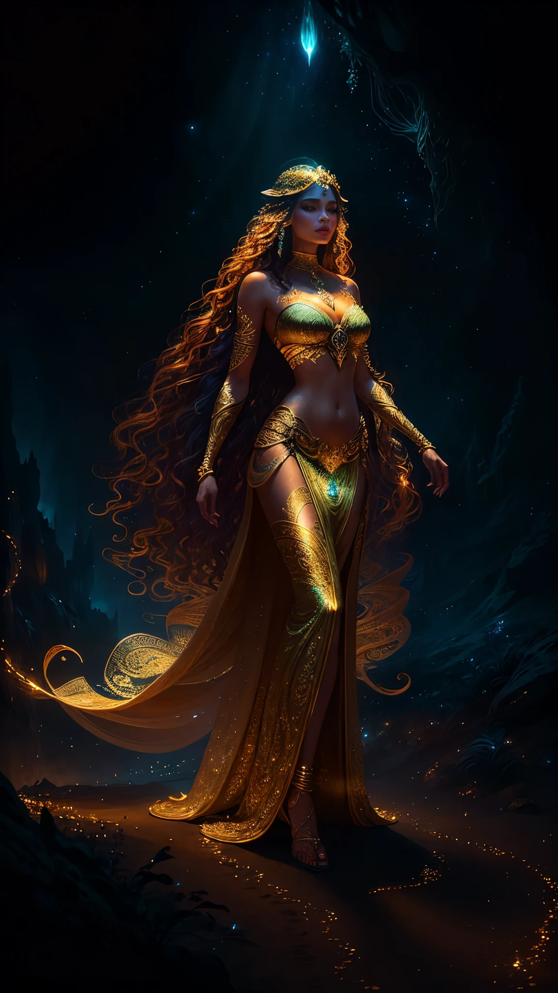 (extremely detailed, Artgerm-inspired masterpiece:1.3, wandering woman:1.2 in desert:1.2), (Alena Aenami-esque style:1.1, IG model Aly Fell-inspired:1.1), elegant, flowing, form-fitting outfit, dynamic pose, intense lighting, vibrant colors, sand particles, 8k, high resolution.