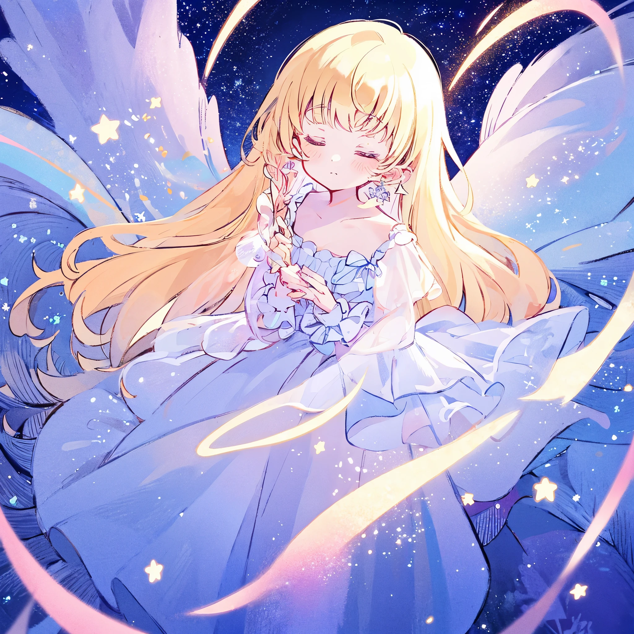 complex background, wishing star background, a woman wearing an ethereal mystical pink translucent dress that reflects the stars, perfume promo art, mystic, complex drawing, highly detailed, Covergirl brand, promo art, artistic rendition, ethereal, starry night, midjourney style
