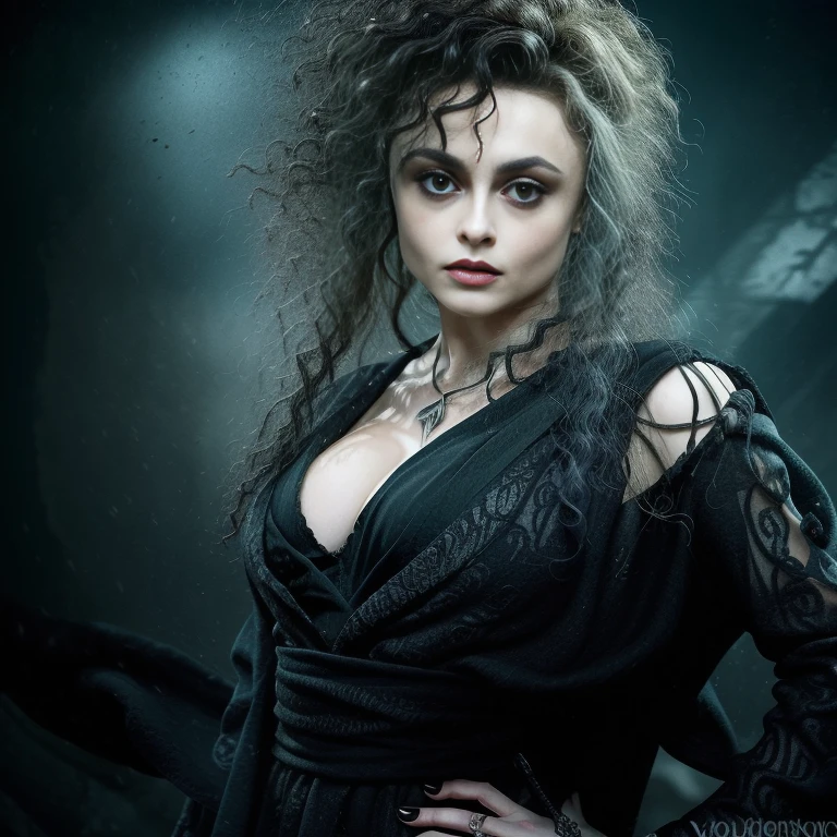 Masterpiece, best quality, detailed face, Bellatrix Lestrange, cleavage, sexy long flowing black robes, perfect hands, make-up, in her 20's, youthful, sexy, standing, 