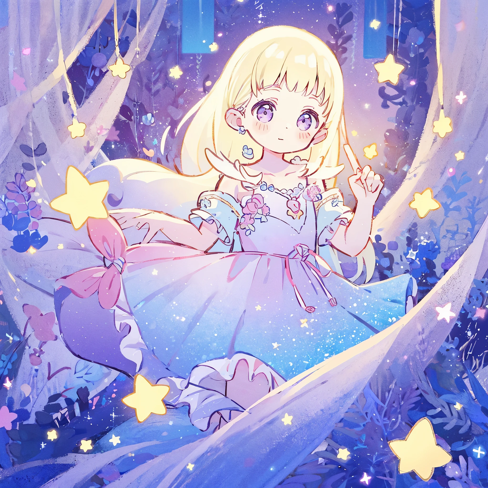 complex background, wishing star background, a woman wearing an ethereal mystical pink translucent dress that reflects the stars, perfume promo art, mystic, complex drawing, highly detailed, Covergirl brand, promo art, artistic rendition, ethereal, starry night, midjourney style