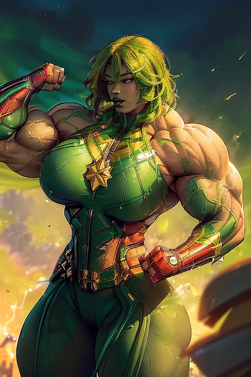 ((((Massive, beautiful, buff, light brown skinned muscular woman with green hair, black lipstick, ginormous bulky muscles, flying and wearing a green captain marvel costume with pants)))), (massive muscle), (massive biceps), (curvy long hair), orange eyes, hero gloves, spiked gauntlets, hero boots, in the void of space, determined,