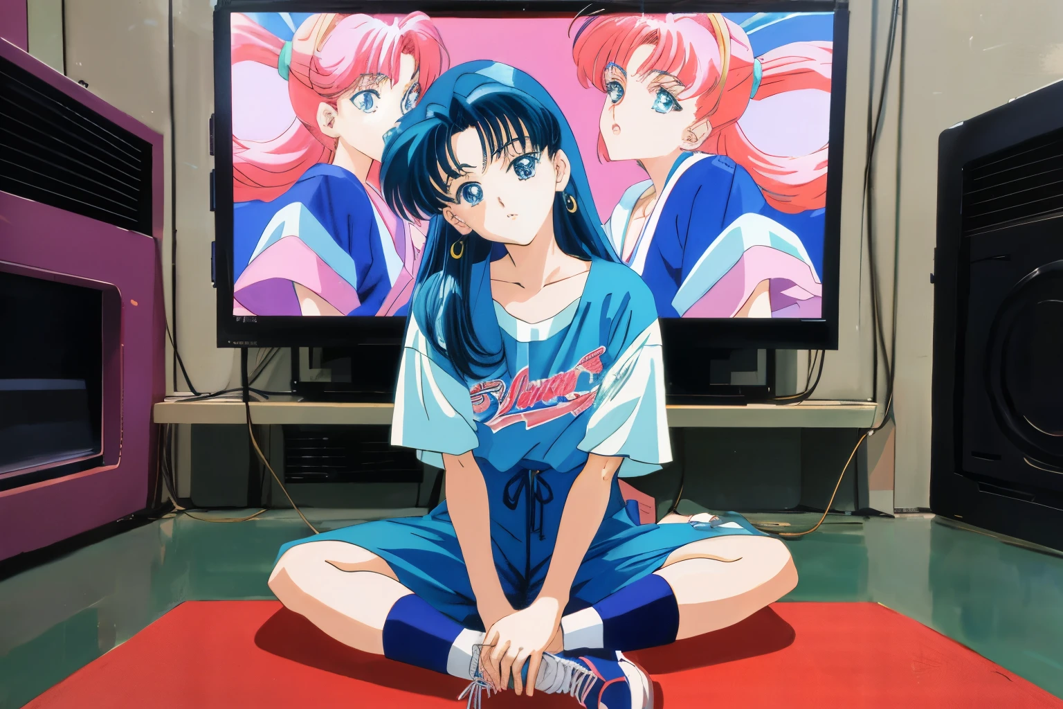 Anime woman sitting on the floor in front of a bunch of TVs, 80年代のAnime atmosphere, 9 0 s Anime Aesthetics, 80s anime art style, 90s anime art style, 80s anime art style, 90s anime style, 90s anime style, Lofty Girl, Anime atmosphere, Anime Aesthetics