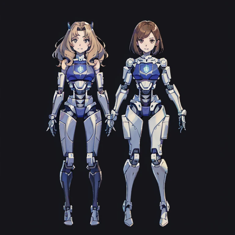 Multiple robot women, They all have perfect human female faces.., Everything except the face is a machine.., Not everyone is dressed, brown hair, Wavy Hair, Hazel Eyes, Very detailed, smile, Everything except the face is a machine.., They all have mechanical limbs., There's not enough clothing for everyone, All exposed internal skeleton, Everyone has a different colored endoskeleton., full body shot, clone, Millions of Robot Girls, Crowded, Robot girls are marching in the background., Everyone is showing each other their bodies, Embarrassing