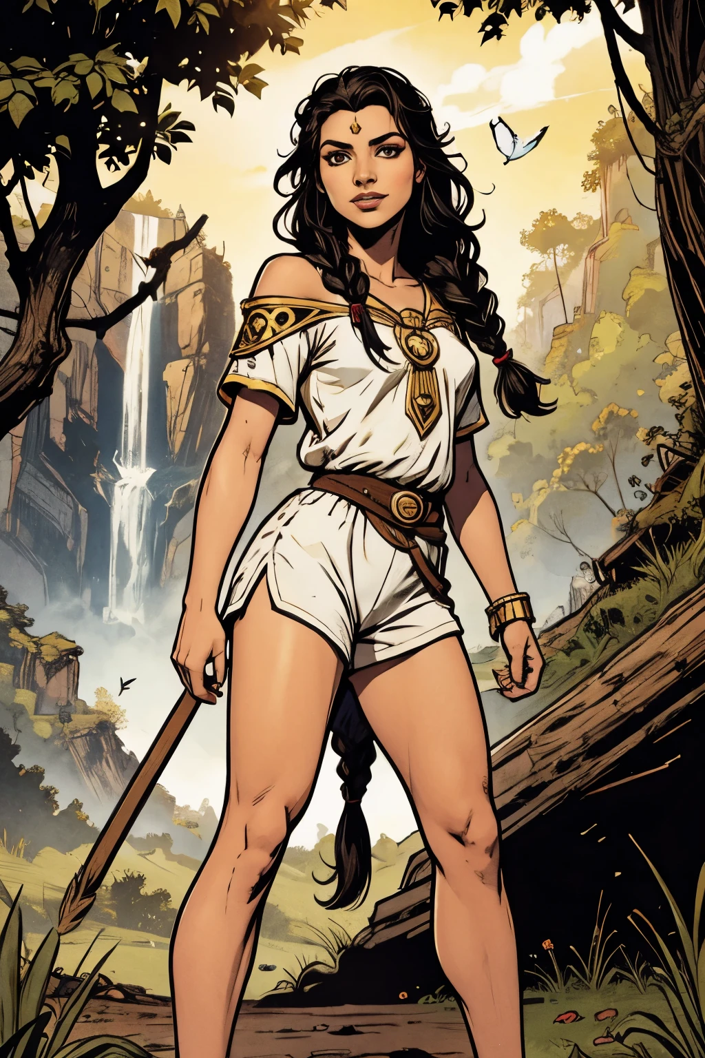 Garota elfa . fantasia monge aventureiro, cara de sorriso brutal, fleshy lips, long black hair styled with butterfly braid, hazel eyes, athletic figure, white priestess tunic, shorts de lombo branco, sandals, retrato detalhado, templo da selva, standing pose
