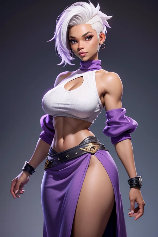 Nia Long as ororo munroe black skin, punk white mohawk hair , blue eyes, big breasts, ethnic purple long skirt!, cotton beige sweater with a large cleavage and exposed shoulders,  covered navel, cropped legs, cotton, black skin, front view!, purple long skirt, white background, realistic colors, front view, light coming from the right, 8K image quality, Masterpiece