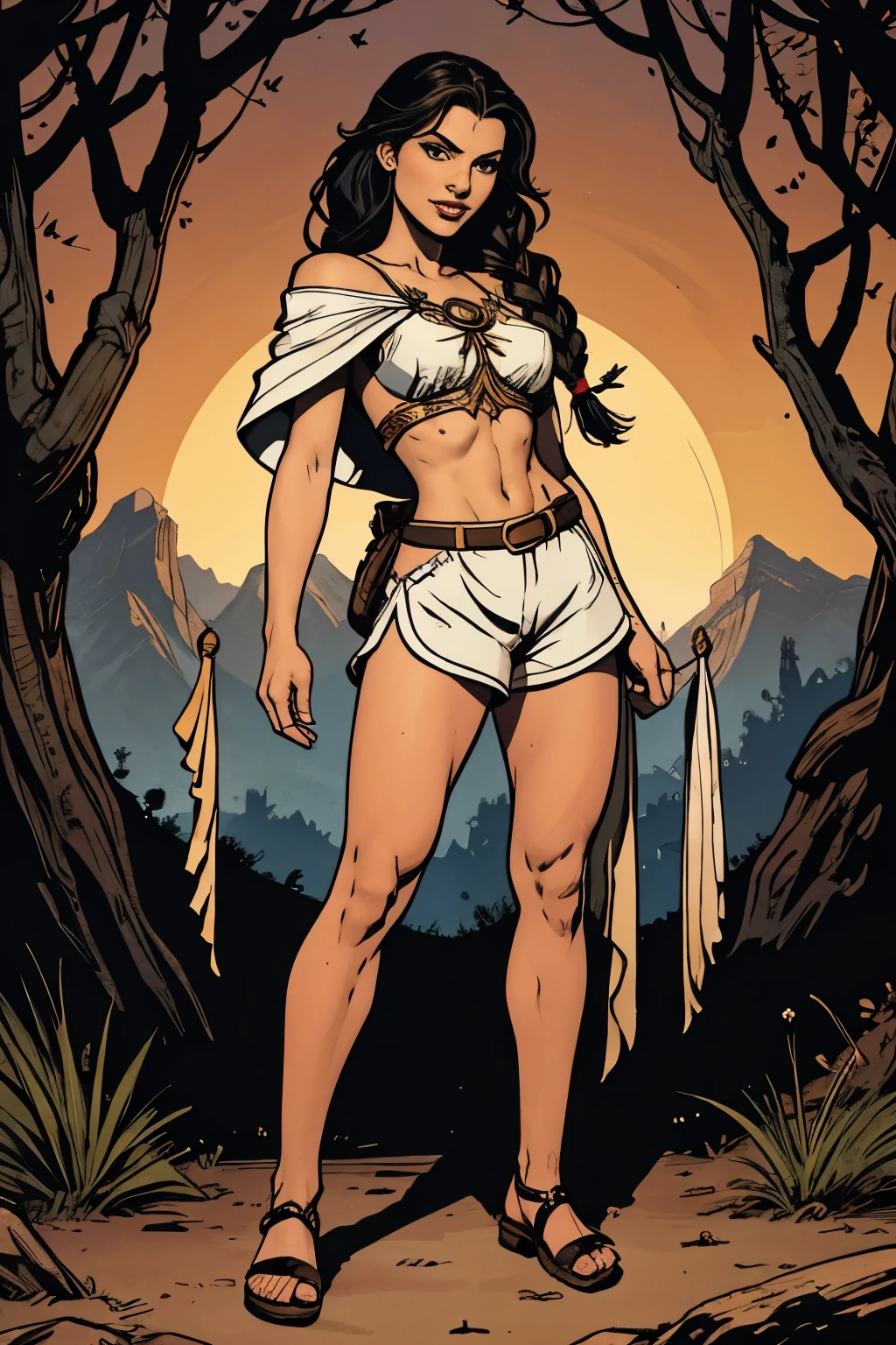 Garota elfa . fantasia monge aventureiro, cara de sorriso brutal, fleshy lips, long black hair styled with butterfly braid, hazel eyes, athletic figure, white priestess tunic, shorts de lombo branco, sandals, retrato detalhado, templo da selva, standing pose
