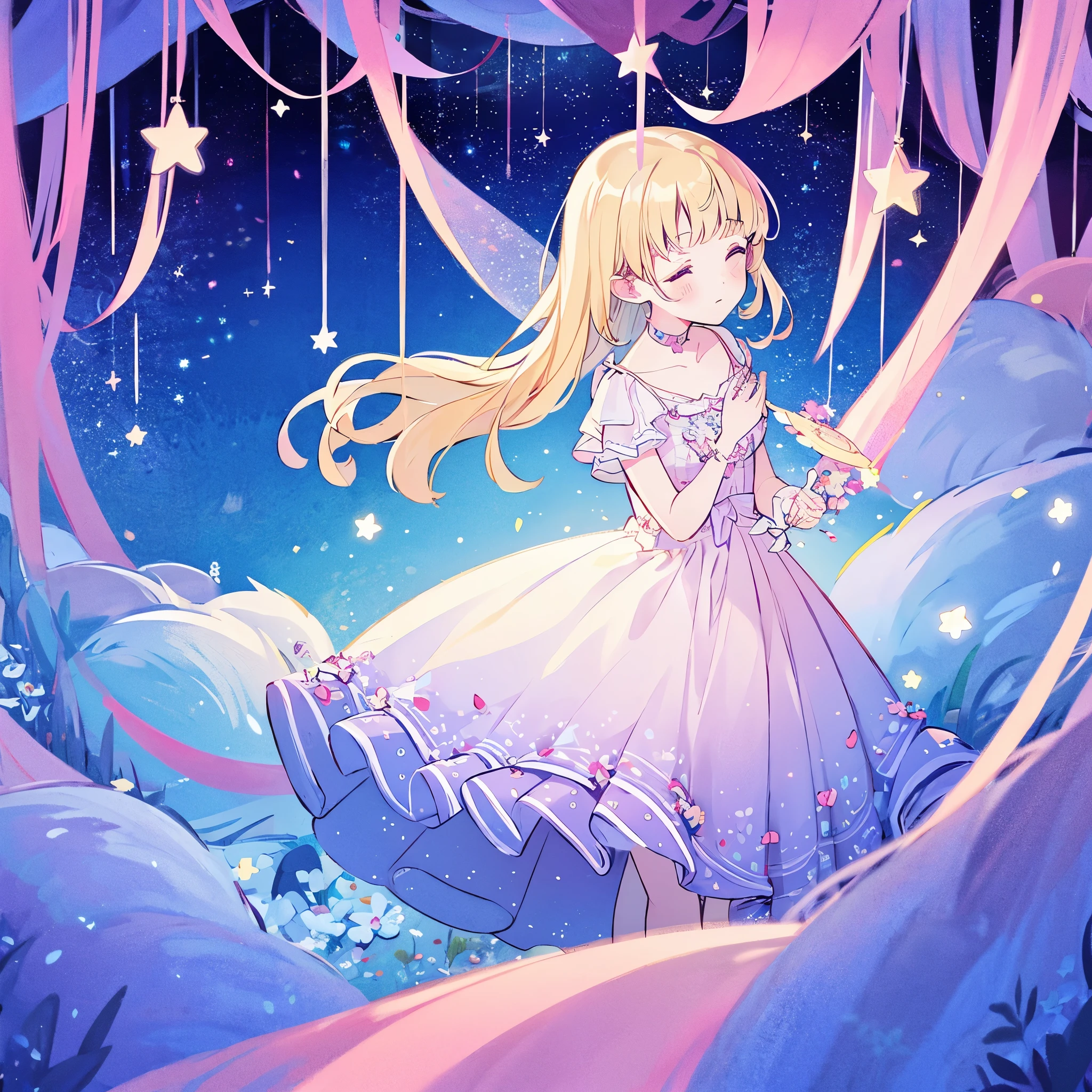 complex background, wishing star background, a woman wearing an ethereal mystical pink translucent dress that reflects the stars, perfume promo art, mystic, complex drawing, highly detailed, Covergirl brand, promo art, artistic rendition, ethereal, starry night, midjourney style