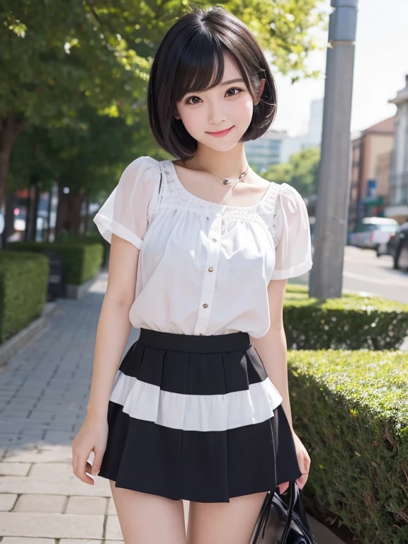 ((masterpiece)), ((best quality)), (ultra-detailed), ((kawaii)), cute, (lovely), realistic, real, full body, In town, daytime, a cute girl, 1girl, solo, camisole, beautiful black hair, beautiful black eyes, ((beautiful eyes)), short hair, ribon, smile,mini skirt