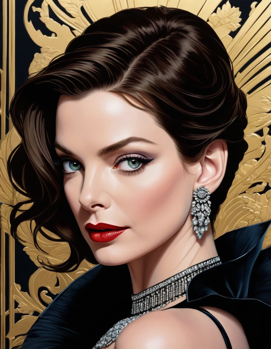 18 yo 1woman, [Anne Hathaway:Michelle Pfeiffer:0.52] as Selina Kyle, exudes beauty with her radiant, smooth skin. Her strong, serious demeanor and confident stance convey an air of convincing allure. insanely detailed Lavish Elegant and Luxurious Jewelry background. This captivating portrait is rendered in 4k high-resolution, ensuring every detail is displayed in the best quality. The illustration showcases Selina's determined expression, captivating the viewer's attention with its intricately detailed features.