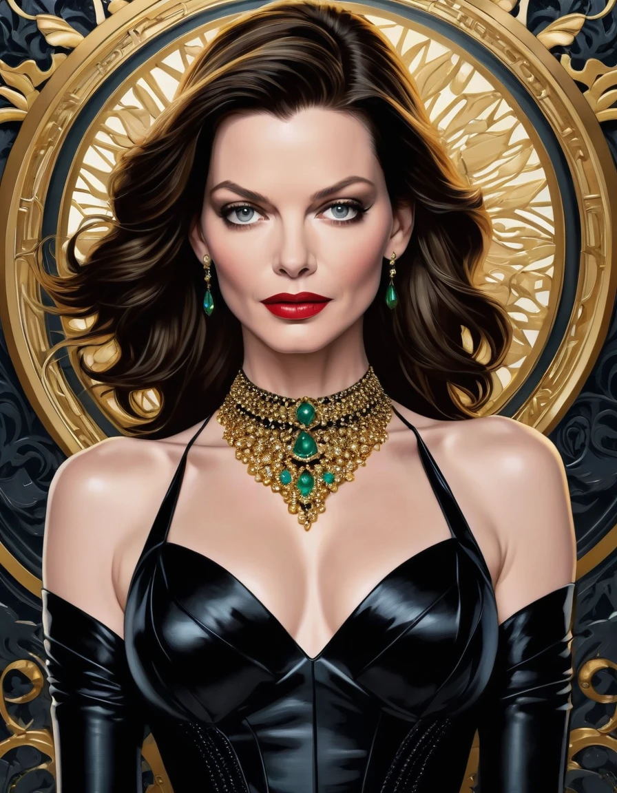 18 yo 1woman, [Anne Hathaway:Michelle Pfeiffer:0.52] as Selina Kyle, exudes beauty with her radiant, smooth skin. Her strong, serious demeanor and confident stance convey an air of convincing allure. insanely detailed Lavish Elegant and Luxurious Jewelry background. This captivating portrait is rendered in 4k high-resolution, ensuring every detail is displayed in the best quality. The illustration showcases Selina's determined expression, captivating the viewer's attention with its intricately detailed features.