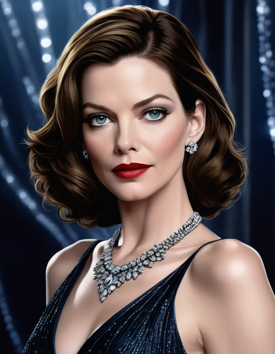 18 yo 1woman, [Anne Hathaway:Michelle Pfeiffer:0.52] as Selina Kyle, exudes beauty with her radiant, smooth skin. Her strong, serious demeanor and confident stance convey an air of convincing allure. insanely detailed Lavish Elegant and Luxurious Jewelry background. This captivating portrait is rendered in 4k high-resolution, ensuring every detail is displayed in the best quality. The illustration showcases Selina's determined expression, captivating the viewer's attention with its intricately detailed features.