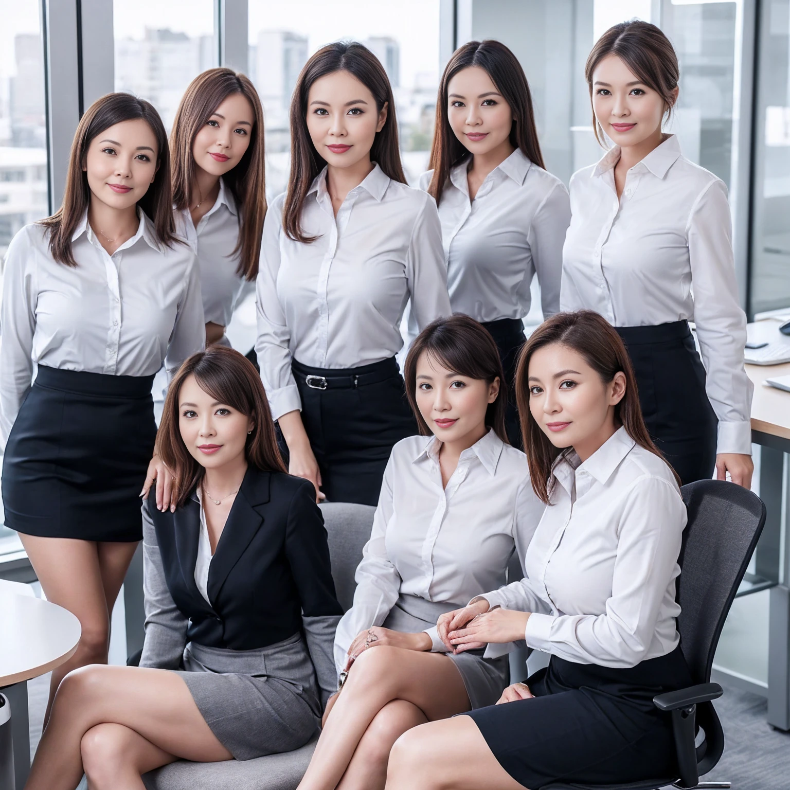 ((Best Quality, 8k, Masterpiecedetails, ultra-high resolution)), (group picture),(looking at the viewer), (full shot:), attractive business 5 milfs, 5 people, a bit chubby:0.25, seductive expression, white collared shirt, grey skirt, (sitting with cross legs on office desks)), smile, office of CEO
