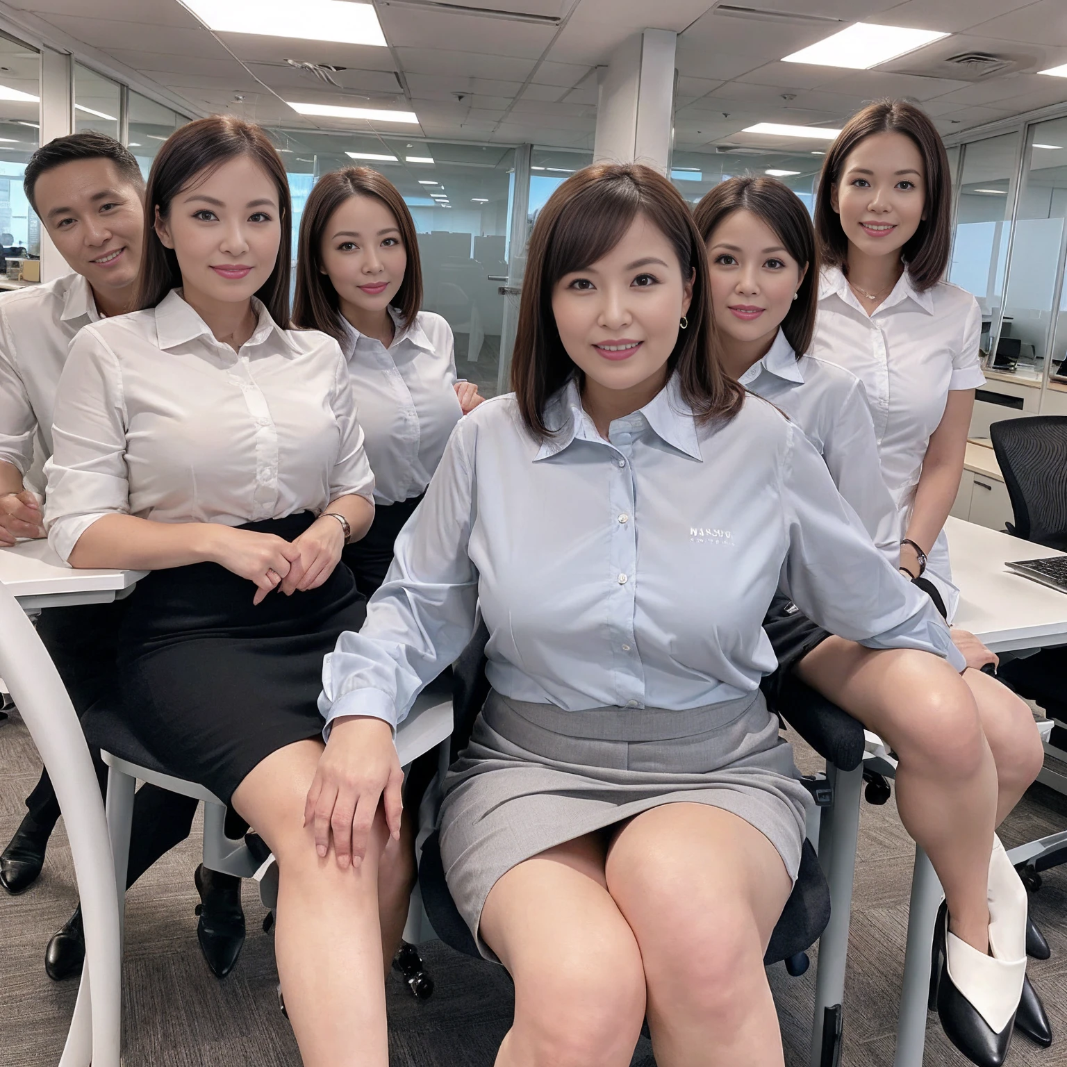 ((Best Quality, 8k, Masterpiecedetails, ultra-high resolution)), (group picture),(looking at the viewer), (full shot:), attractive business 5 milfs, 5 people, a bit chubby:0.25, seductive expression, white collared shirt, grey skirt, (sitting with cross legs on office desks)), smile, office of CEO