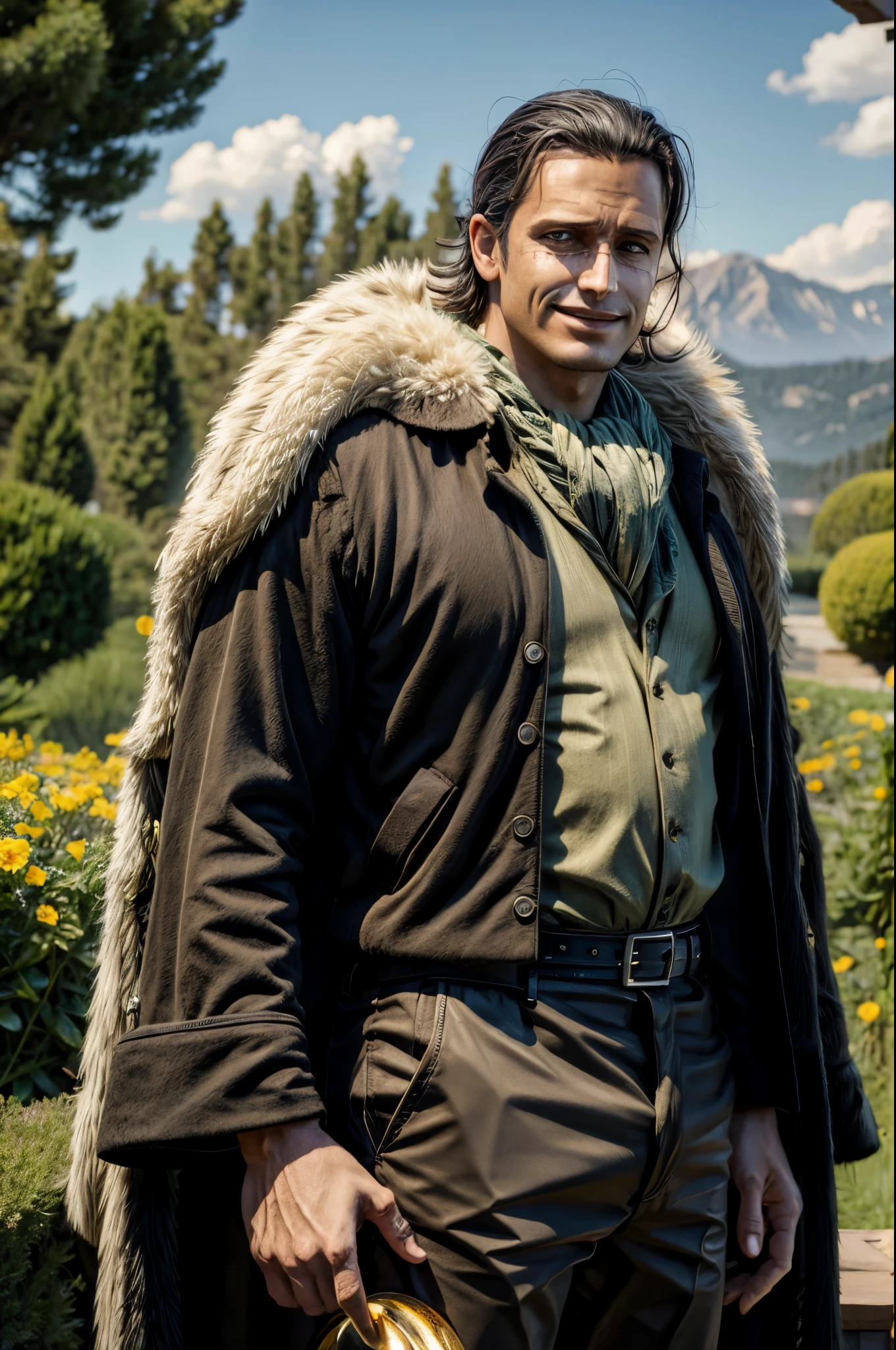 masterpiece, best quality, extremely detailed, hyperrealistic, photorealistic, a cool 40s man, ultra detailed face:1.2, fur-trimmed coat, scarf around the neck, his left hand is a golden pirate hook:1.1, distant view shot, garden:1.3, lots of flower:1.2, dynamic pose, sly smile, relaxed