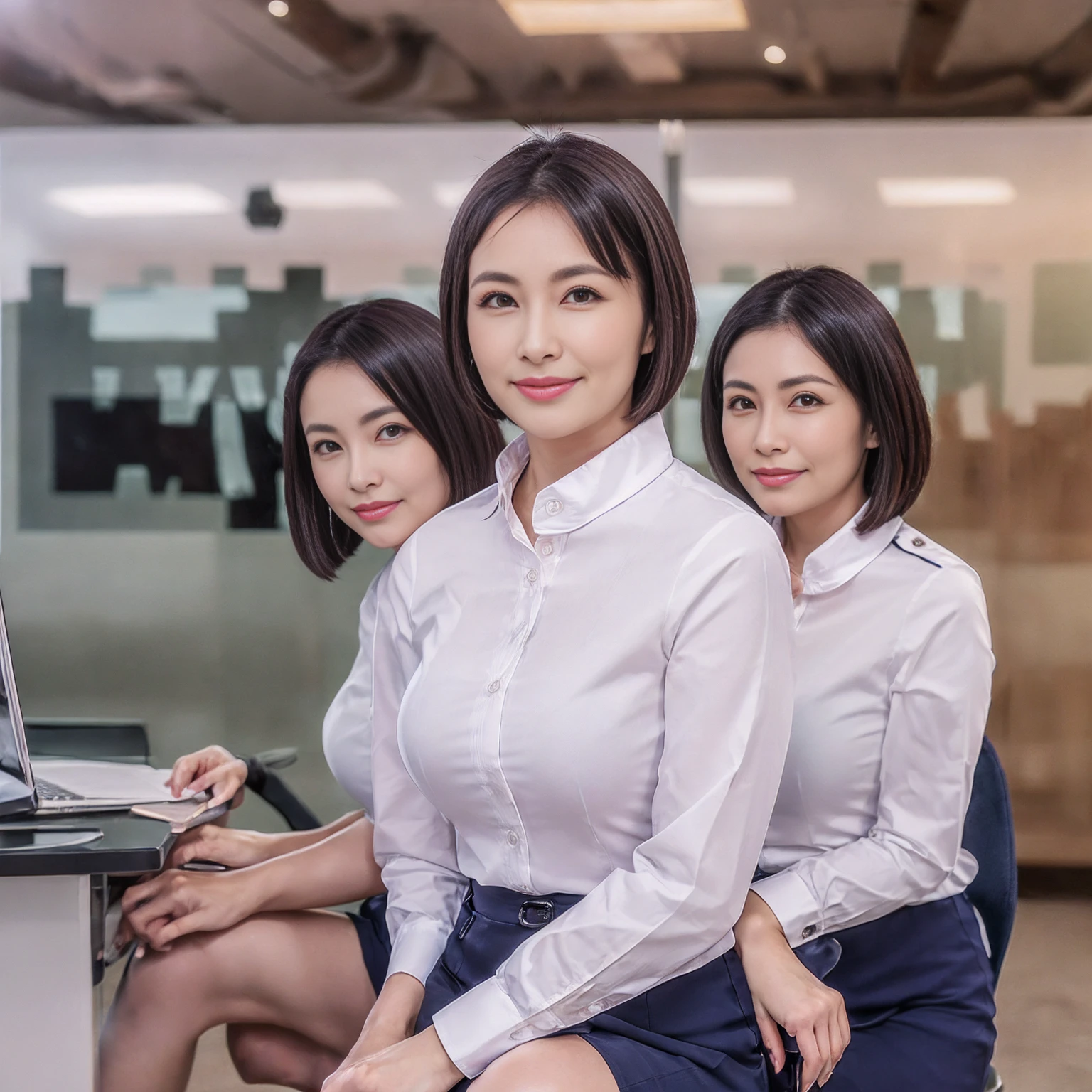 ((Best Quality, 8k, Masterpiecedetails, ultra-high resolution)), (group picture),(looking at the viewer), (full shot:), attractive business 5 milfs, 5 people, a bit chubby:0.25, seductive expression, white collared shirt, grey skirt, (sitting with cross legs on office desks)), smile, office of CEO