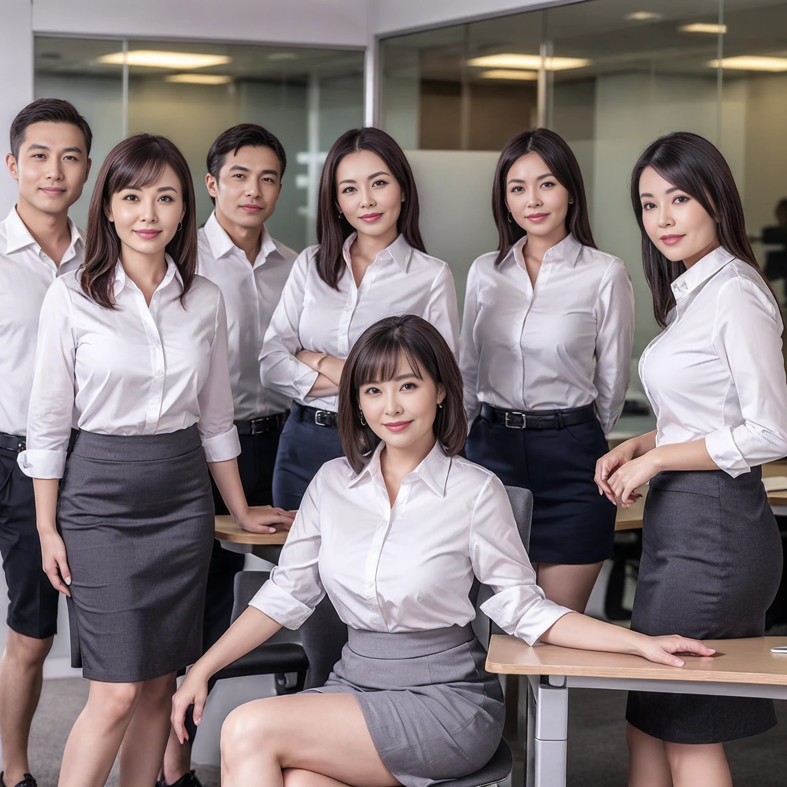 ((Best Quality, 8k, Masterpiecedetails, ultra-high resolution)), (group picture),(looking at the viewer), (full shot:), attractive business 5 milfs, 5 people, a bit chubby:0.25, seductive expression, white collared shirt, grey skirt, (sitting with cross legs on office desks)), smile, office of CEO