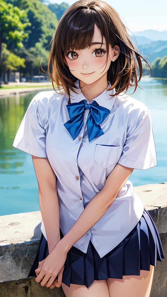 (masterpiece:1.2, highest quality), (Realistic, photoRealistic:1.4), Beautiful illustrations, (Natural Side Lighting, Cinema Lighting), 
View your viewers, 1 girl, Japanese, Junior high school girl, 12 years old, Perfect Face, cute and symmetrical face, Shiny skin, thin, 
(Middle Hair:1.2, Half Up:1.4, Light brown hair), Asymmetrical bangs, Brown eyes, Long Eyelashes, (Medium chest:0.7), 
Beautiful Hair, Beautiful Face, Beautiful fine details, Beautiful clavicle, Beautiful body, Beautiful breasts, Beautiful thighs, Beautiful feet, Beautiful fingers, 
((Detailed cloth texture, Short sleeve white collar shirt, Blue pleated mini skirt, blue bow tie)), 
(Beautiful views), evening, (River side), Are standing, (cute, Cute smile, Upward glance),