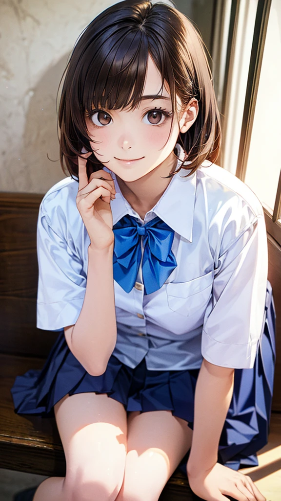 (masterpiece:1.2, highest quality), (Realistic, photoRealistic:1.4), Beautiful illustrations, (Natural Side Lighting, Cinema Lighting),
View your viewers, 1 girl, Japanese, girl, 12 years old, Perfte and symmetrical face, Shiny skin, thin,
(Middle Hair:1.2, Half Up:1.4, Light brown hair), Asymmetrical bangs, Brown eyes, Long Eyelashes, (Medium chest:0.7),
Beautiful Hair, Beautiful Face, Beautiful fine details, Beautiful clavicle, Beautiful body, Beautiful breasts, Beautiful thighs, Beautiful feet, Beautiful fingers,
((Detailed cloth texture, Short sleeve white collar shirt, Blue pleated mini skirt, blue bow tie)),
(Beautiful views), evening, (River side), Are standing, (cute, Cute smile, Upward glance),