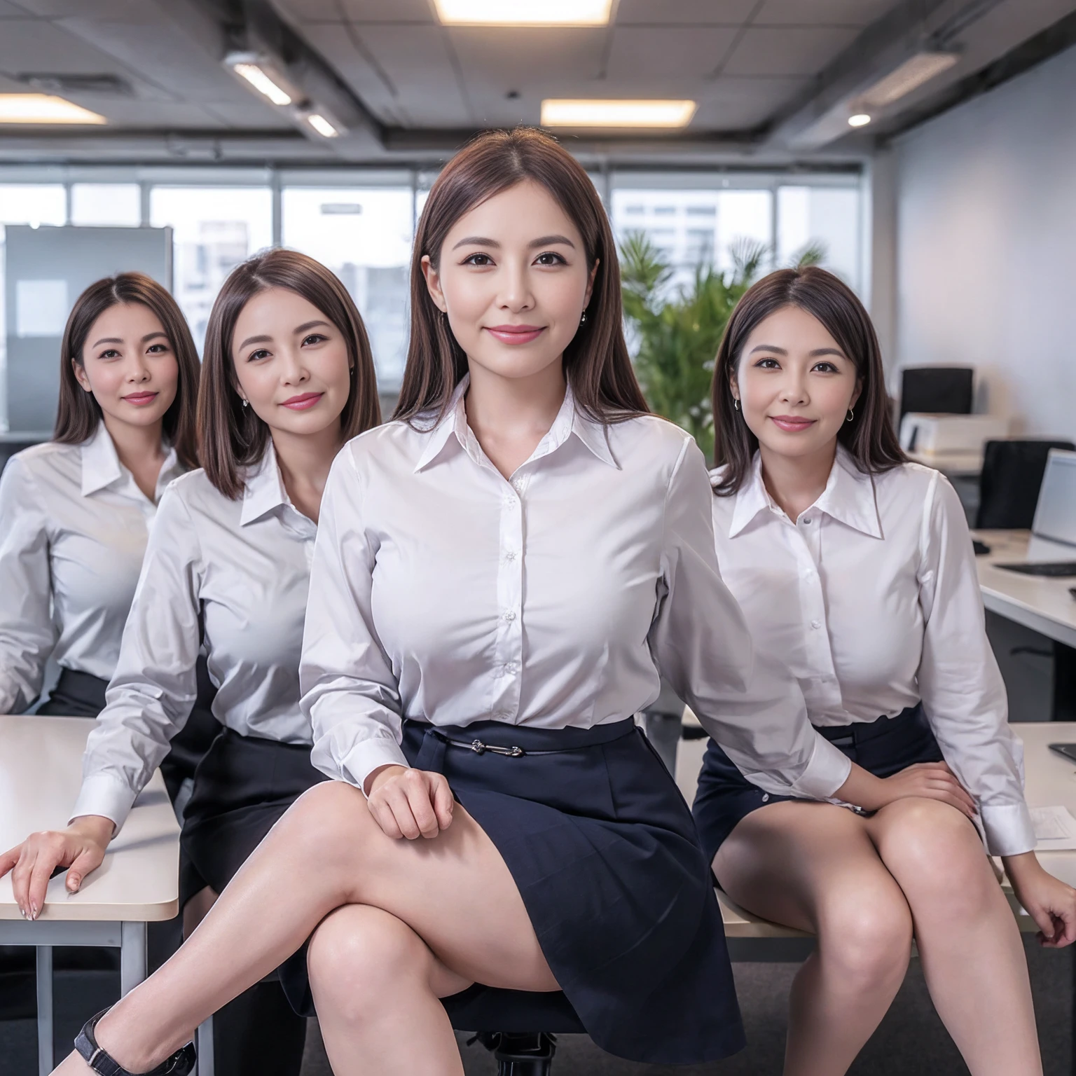((Best Quality, 8k, Masterpiecedetails, ultra-high resolution)), (group picture),(looking at the viewer), (full shot:), attractive business 5 milfs, 5 people, a bit chubby:0.25, seductive expression, white collared shirt, grey skirt, (sitting with cross legs on office desks)), smile, office of CEO