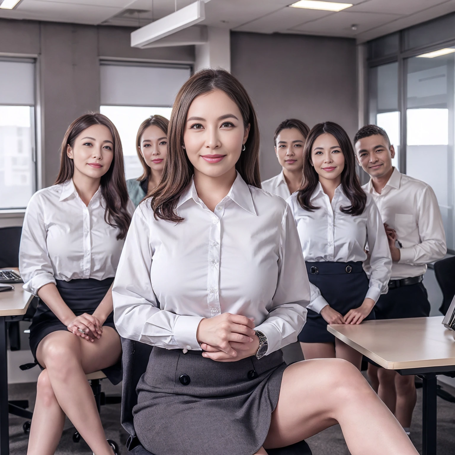 ((Best Quality, 8k, Masterpiecedetails, ultra-high resolution)), (group picture),(looking at the viewer), (full shot:), attractive business 5 milfs, 5 people, a bit chubby:0.25, seductive expression, white collared shirt, grey skirt, (sitting with cross legs on office desks)), smile, office of CEO