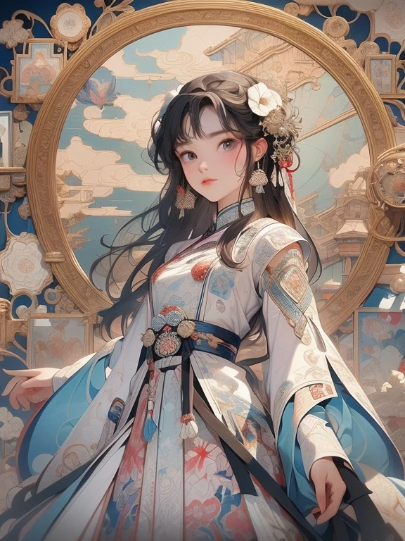 official art, ultra detailed, beautiful and aesthetic, masterpiece, best quality, (zentangle, mandala, tangle, entangle), (fractal art:1.3) , 16 year old Asian girl, small breasts, slim waist, slender thighs, extremely detailed, dynamic angle, cowboyshot, the most beautiful form of chaos, elegant, a brutalist designed, vivid colours, romanticism, by james jean, roby dwi antono, ross tran, francis bacon, michal mraz, adrian ghenie, petra cortright, gerhard richter, takato yamamoto, ashley wood, atmospheric, ecstasy of musical notes, streaming musical notes visible, cherry blossoms and butterflies blowing in the wind, psychedelic cosmic dreamlike aesthetic atmospheric background, hyper-detailed painting, bio-luminescence, clouds,colorful,starry,intricately detailed, awesome full color, ethereal background, abstract beauty, golden ratio, concept art, intricate details, high resolution, highly detailed, nostalgia, romantic, 64k, award winning illustration, realistic light, ultra-detailed, high quality concept art, Chinese traditional ink painting, realistic light, ultra-detailed, high quality concept art, inspired by Daiqing Tana and Haya.