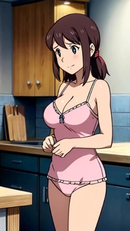 anime、woman、40歳woman、mother、((Big Breasts))、((Cleavage))、Red cheeks、Uplifting、Adult、sexy、Light pink long ****doll camisole、See-through panties、No bra、Sweating profusely、Staring at the audience、Engage your audience、Embarrassing、smile、kitchen、kitchen