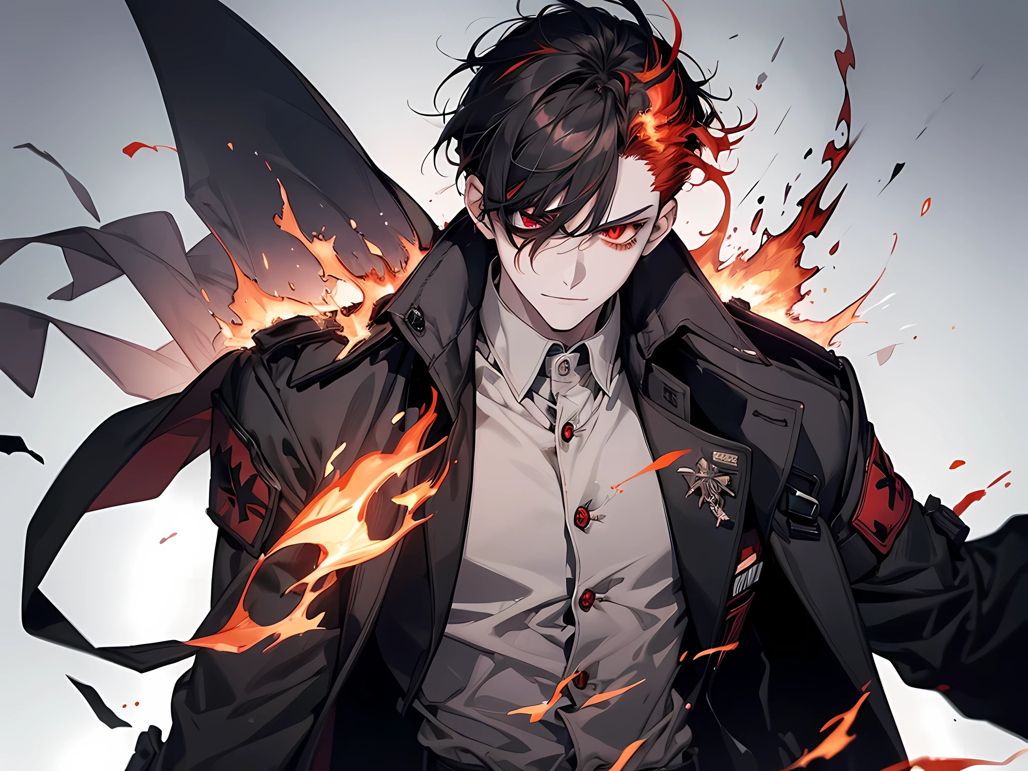 (red flaming eye:1.5), (grey skin, pale skin, portrait, straight-on:1.2),, absurdres, ultra detailed, masterpiece, best quality, aesthetic, detailed,, solo, smug smile, 1boy, red eyes, (tsurime:1.2), black hair, undercut, top knot, parted bangs, long bangs, bangs, short hair, hair intakes, tall,, dataset, jacket on shoulders, (coat on shoulders:1.3), black coat, dress shirt, sleeves rolled up, fingerless gloves, holster, pants, belt, multiple belts, combat boots, bulletproof vest, tactical clothes, detailed eyes, extremely detailed eyes