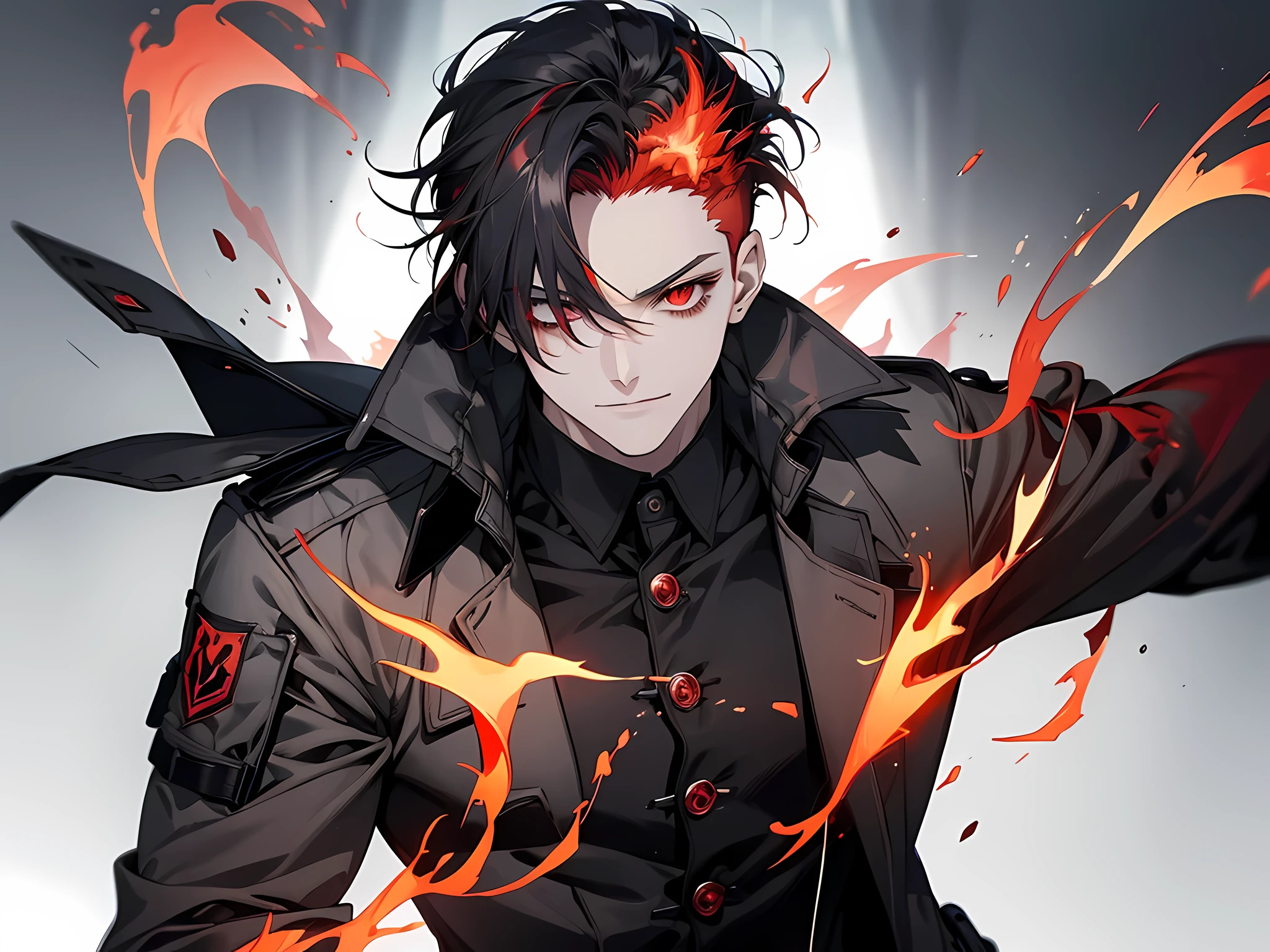 (red flaming eye:1.5), (grey skin, pale skin, portrait, straight-on:1.2),, absurdres, ultra detailed, masterpiece, best quality, aesthetic, detailed,, solo, smug smile, 1boy, red eyes, (tsurime:1.2), black hair, undercut, top knot, parted bangs, long bangs, bangs, short hair, hair intakes, tall,, dataset, jacket on shoulders, (coat on shoulders:1.3), black coat, dress shirt, sleeves rolled up, fingerless gloves, holster, pants, belt, multiple belts, combat boots, bulletproof vest, tactical clothes, detailed eyes, extremely detailed eyes