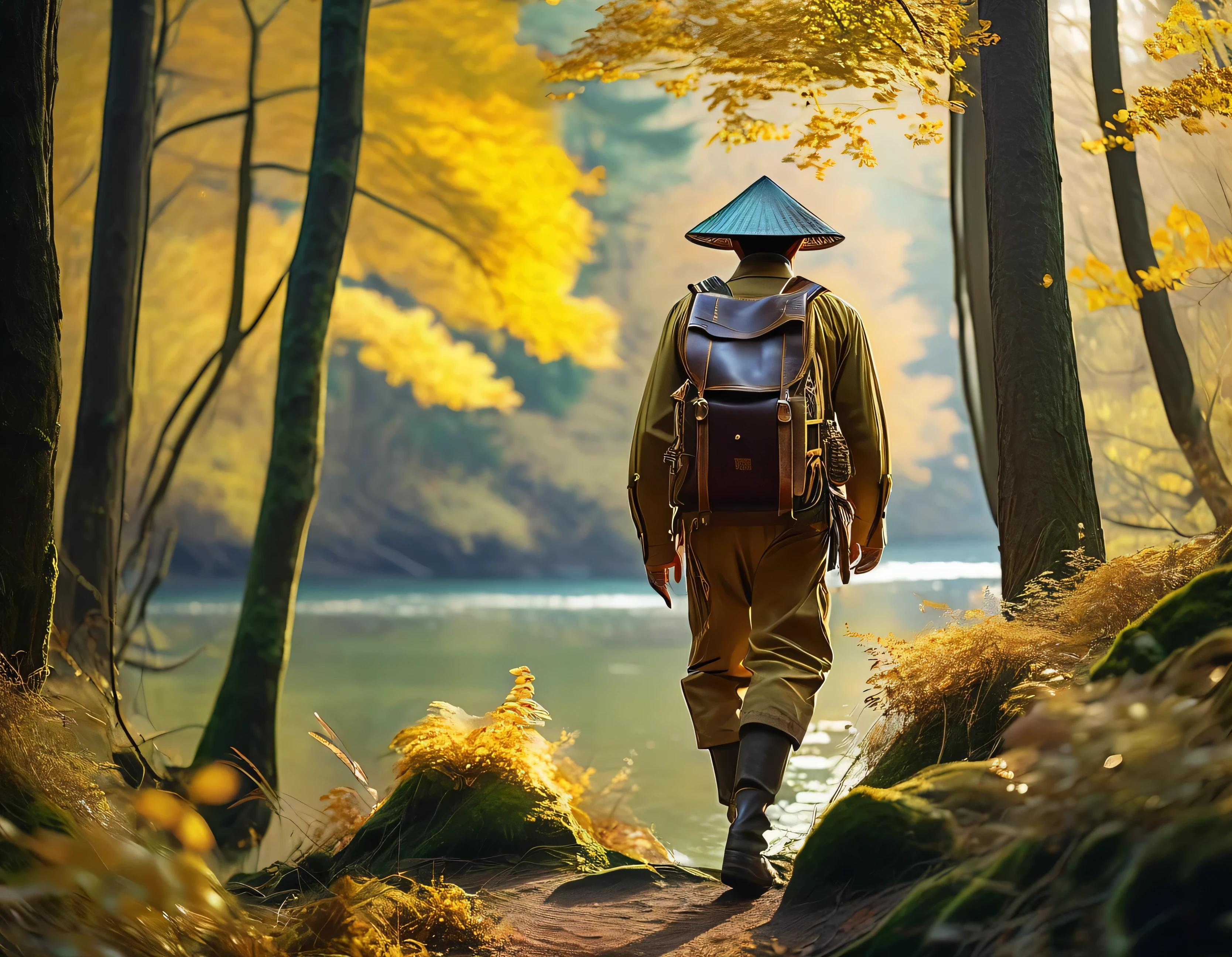 (a detailed,professional)A man in an adventurer's uniform, with (vividly-colored, finely-crafted) hat, (detailed) backpack and a fishmonger hanging from his waist, is (determinedly, exploratively) walking through a picturesque forest. The forest is (abundant with wildlife, lush and vibrant), with tall (majestic, towering) trees adorned in (stunning, golden) yellow leaves. The (early morning/late afternoon) sunlight (gently filters, softly caressing) through the branches, creating a (dreamlike, enchanting) blurry effect in the surroundings. As the man continues his journey, he (stealthily, curiously) approaches the edge of a serene lake, (overlooking, gazing) at its shimmering surface. The scene is a perfect blend of (adventure, tranquility), inviting both the man and the viewer to (immerse, embark) on a captivating journey.
